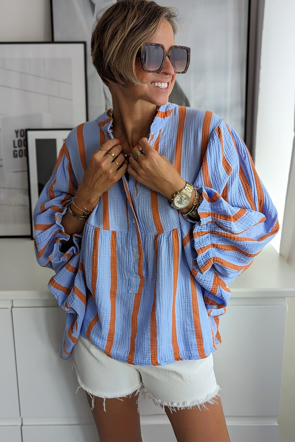 Sky Blue Stripe Crinckled Ruffled Sleeve Button up Loose Shirt - loveforevers