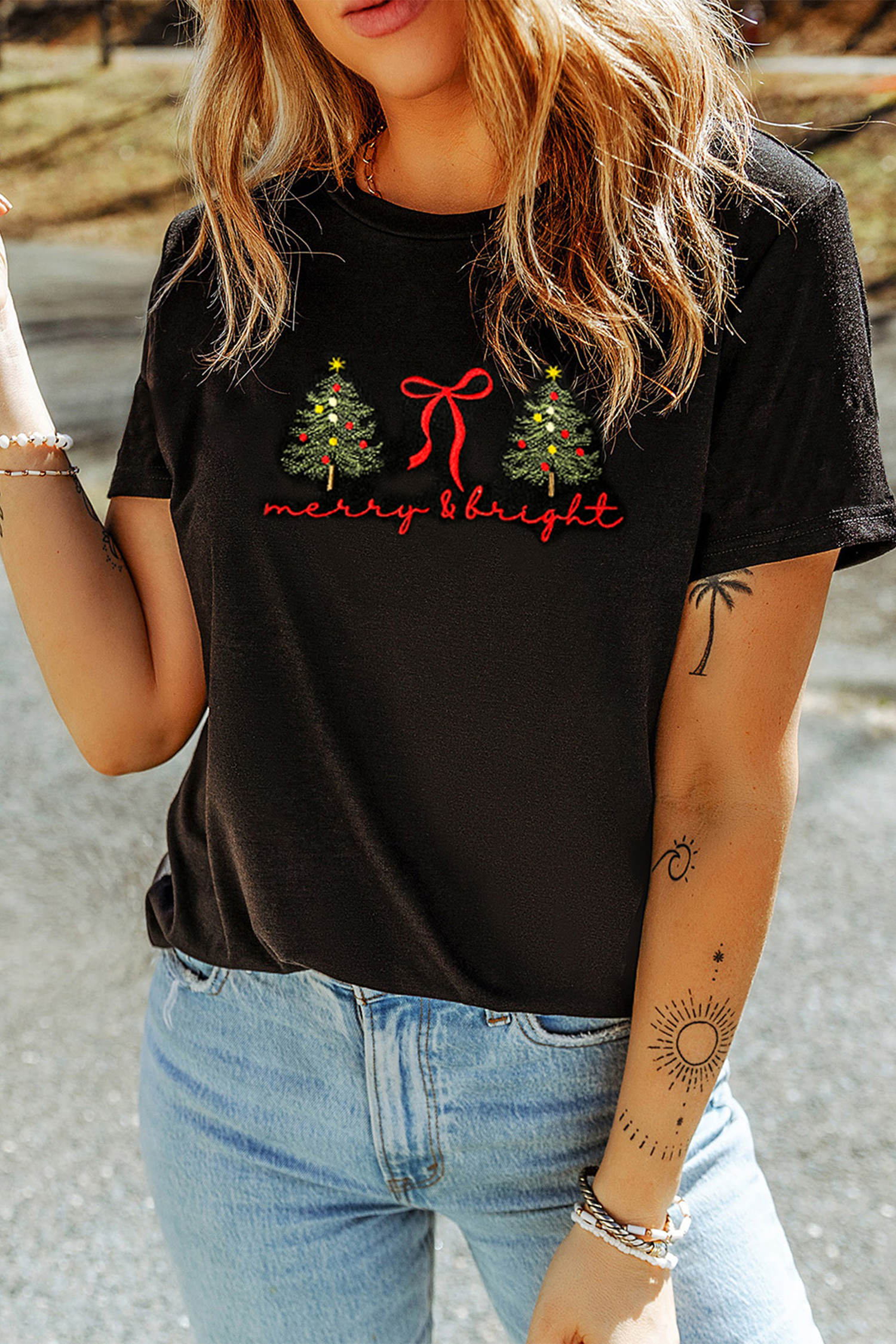 Black Christmas Tree merry & bright Ribbon Bow Embroidered Tee - loveforevers