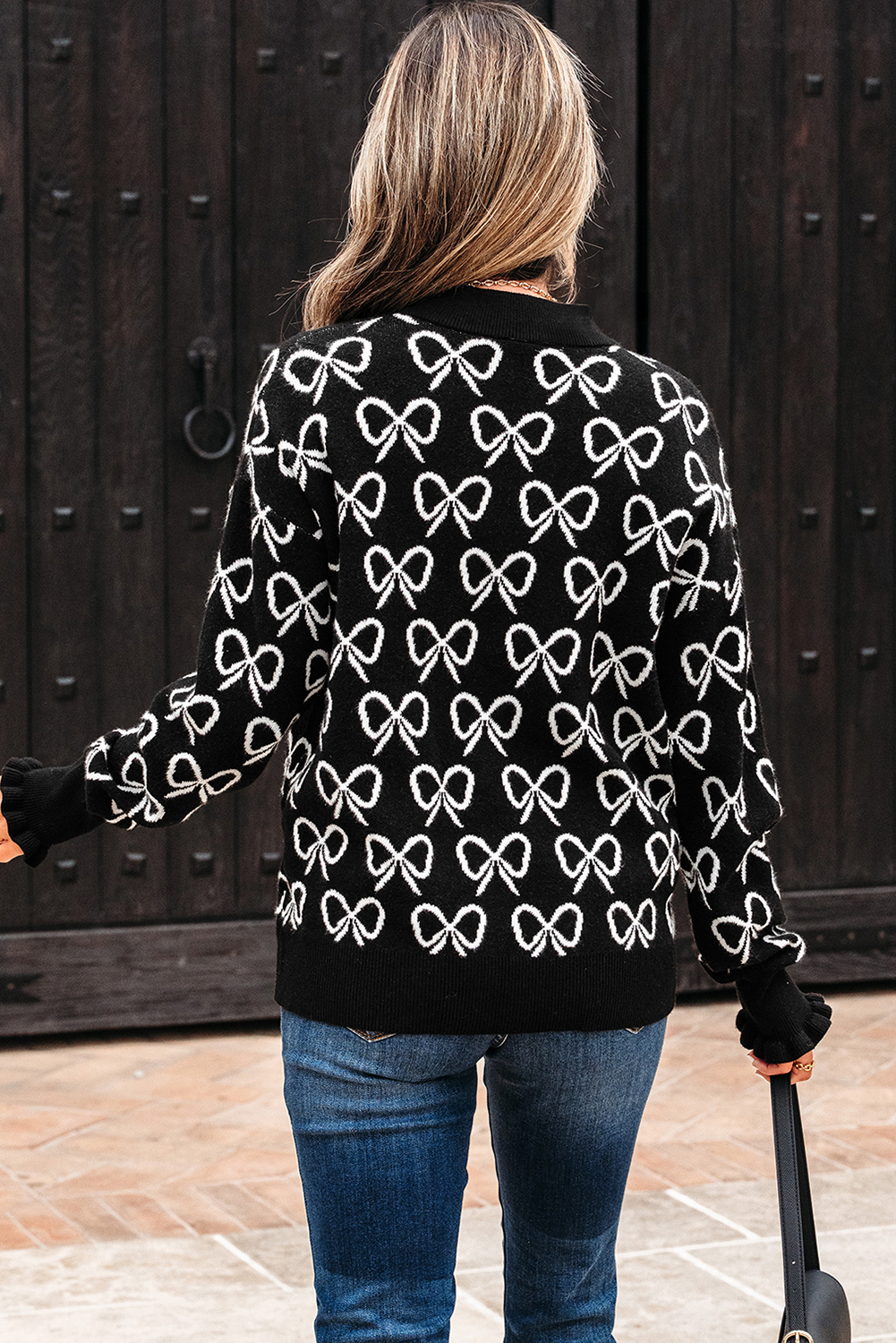 Black Cute Bow Pattern Drop Shoulder Zipped Collar Sweater - loveforevers