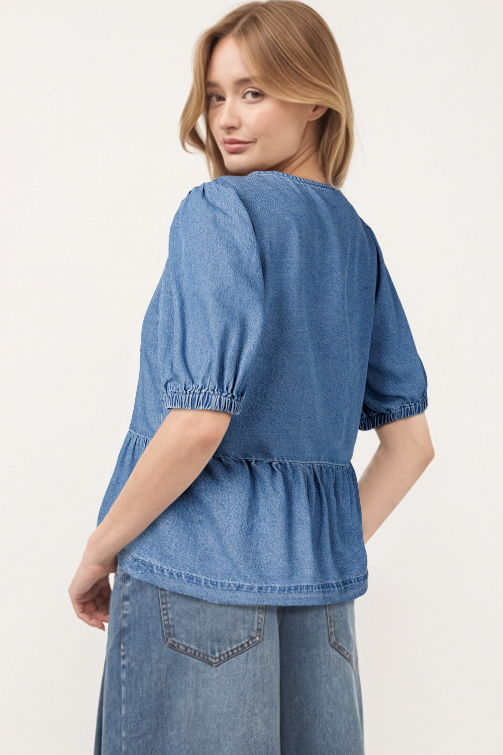 Dusk Blue Tied Front Bubble Sleeve Peplum Denim Shirt - loveforevers