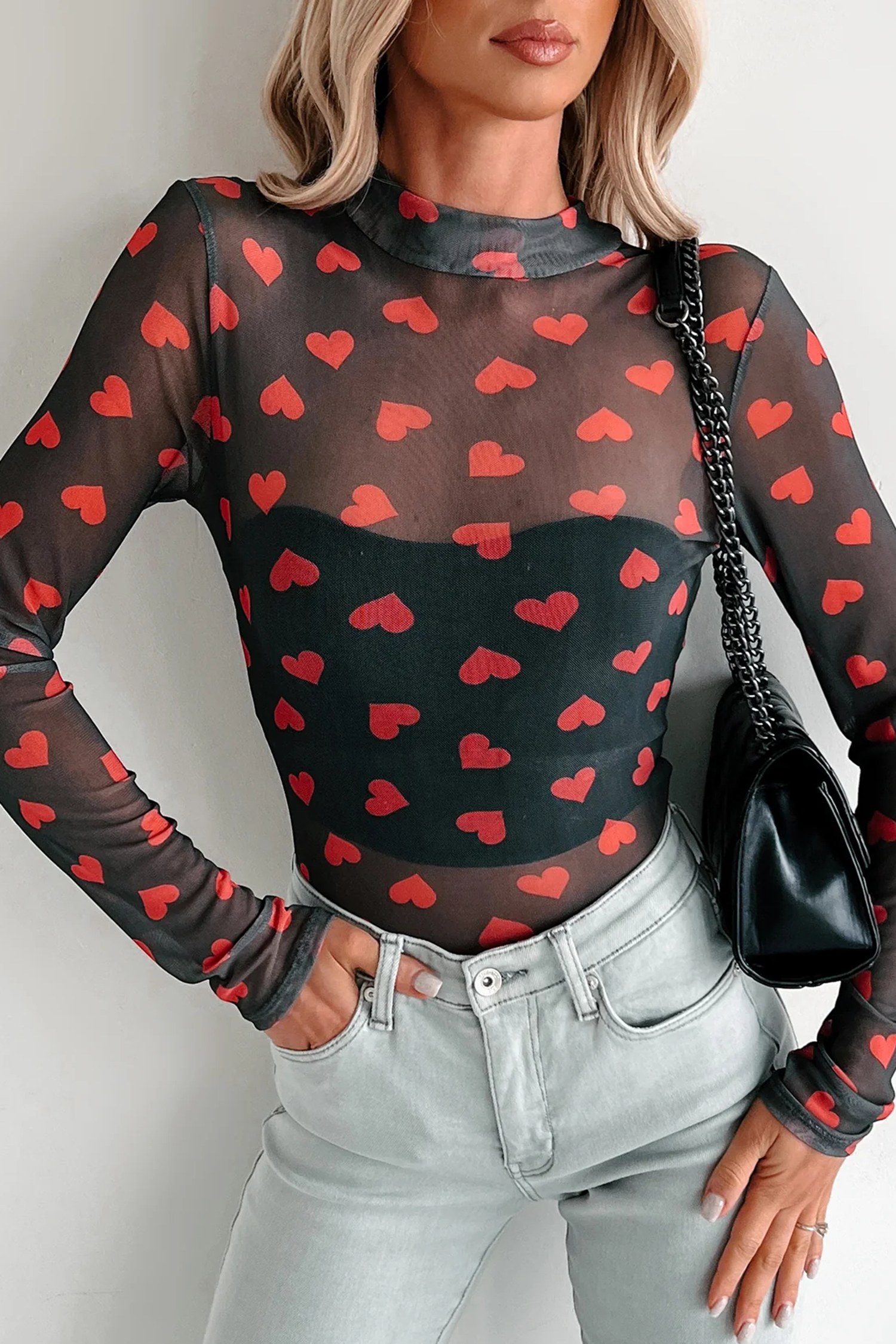 Black Valentines Heart Printed Sheer Mesh Long Sleeve Top - loveforevers