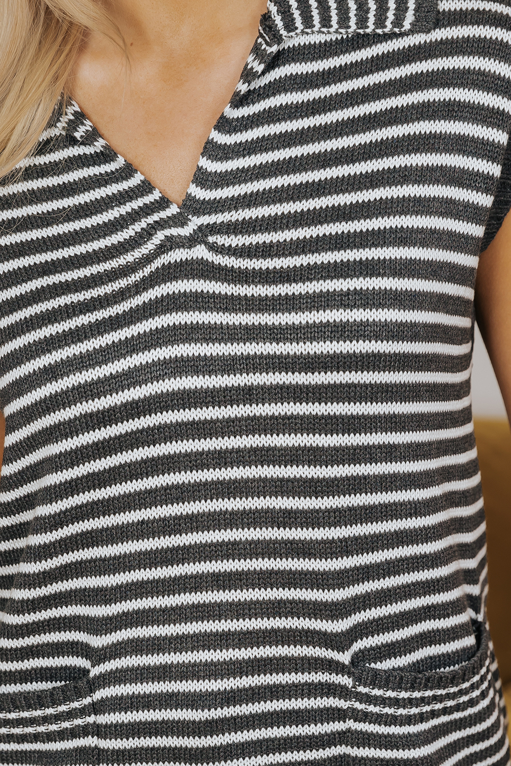 Gray Stripe Collared V Neck Sweater Vest with Pockets - loveforevers