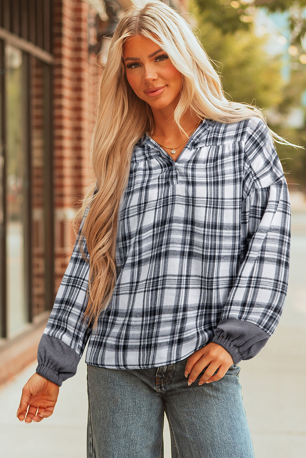 Gray Plaid Patchwork Long Sleeve Button Hooded Blouse - loveforevers