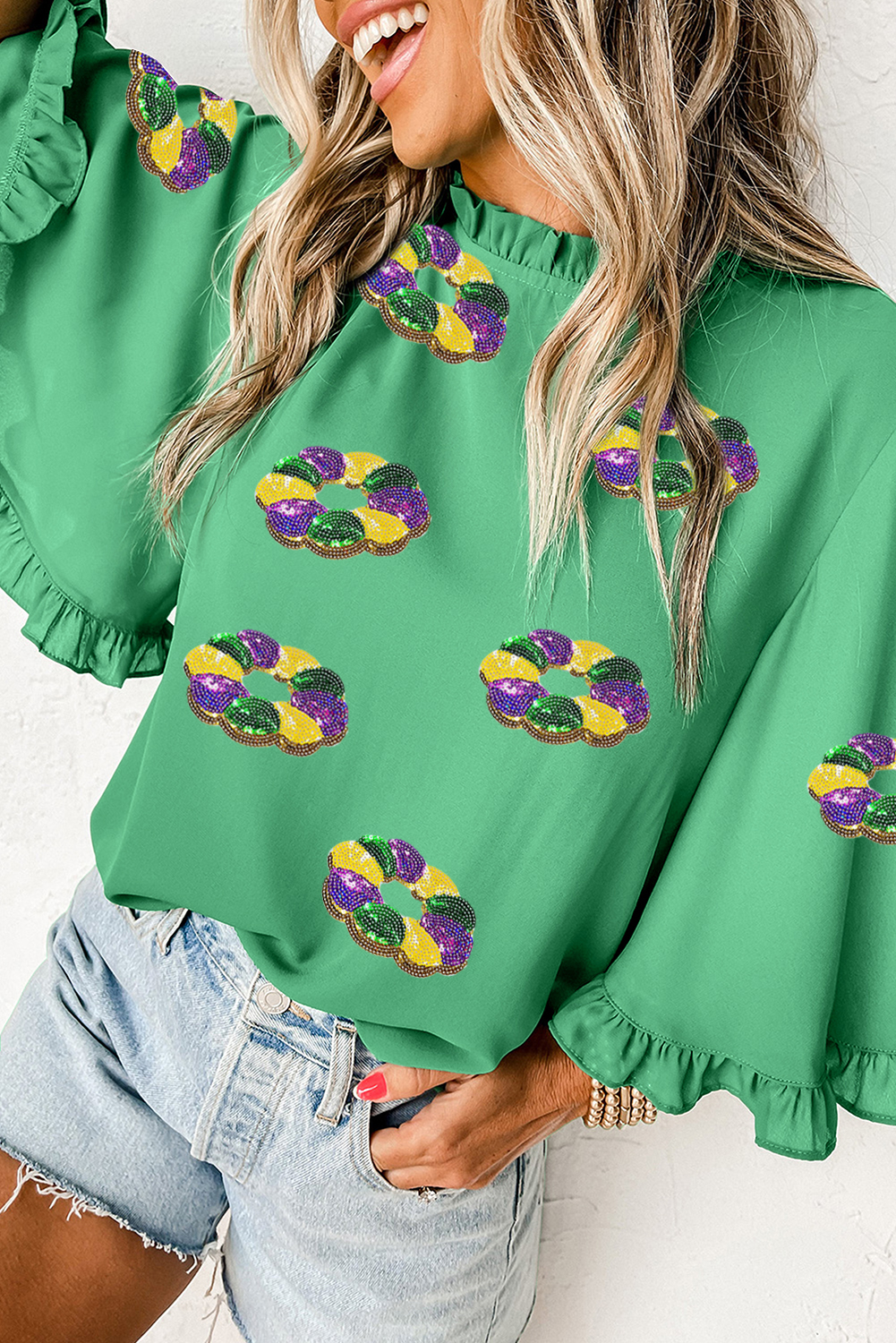 Green Sequin Doughnut Graphic Ruffled Trim Bell Sleeve Mardi Gras Blouse - loveforevers