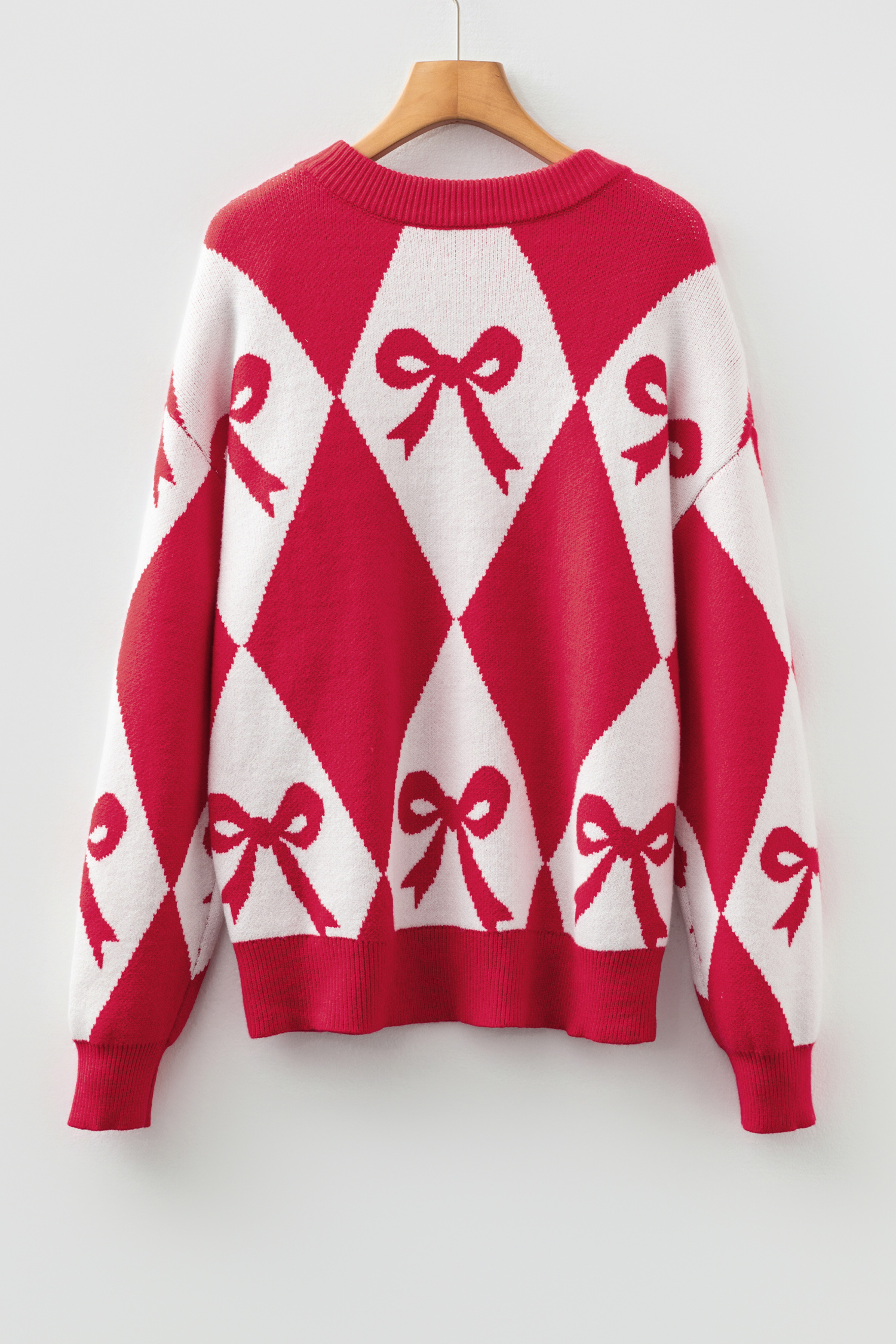 Black Bow Print 2-tone Rhombus Knit Loose Sweater - loveforevers