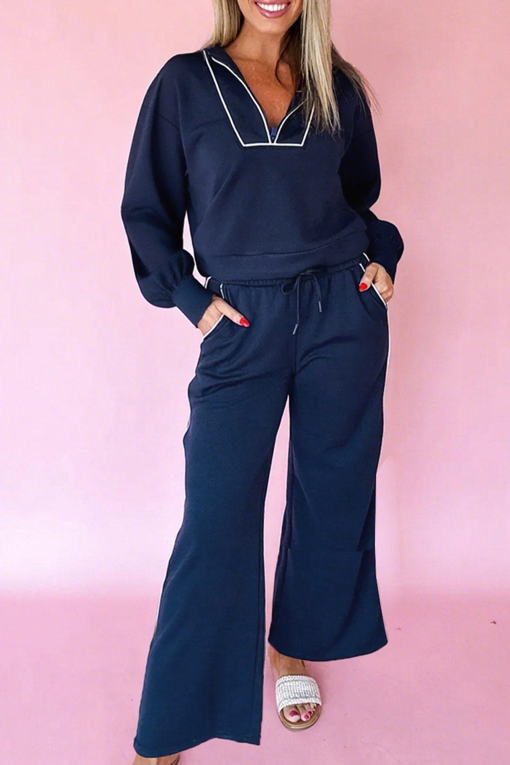 Navy Blue Contrast Piping Zipped Pullover Cropped Pants Set - loveforevers