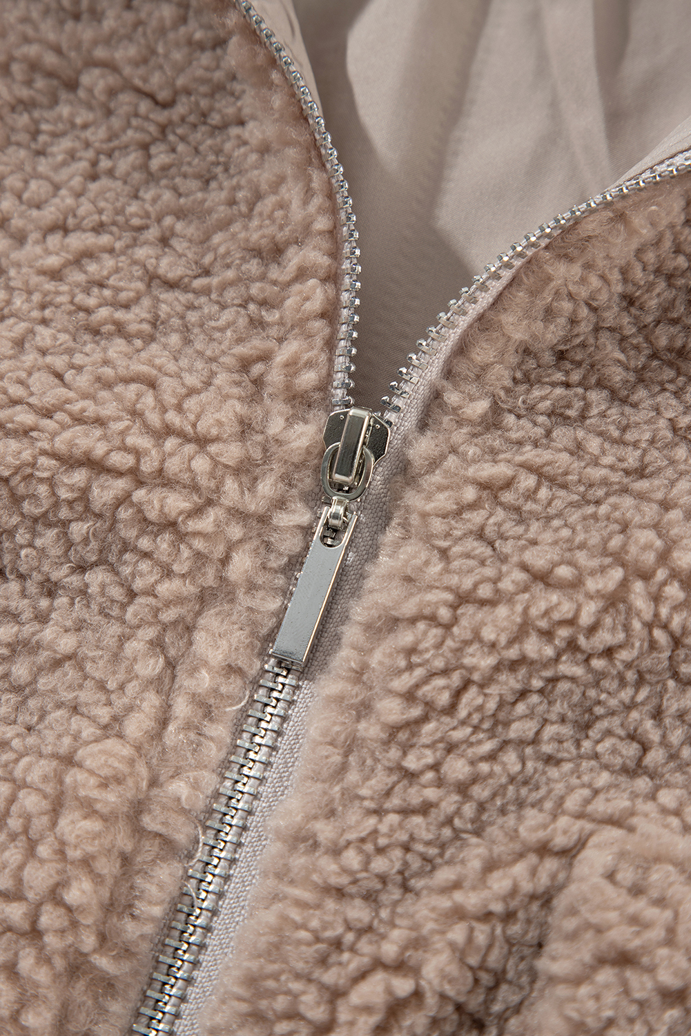 Light French Beige Zipper Pocketed Winter Fuzzy Jacket - loveforevers