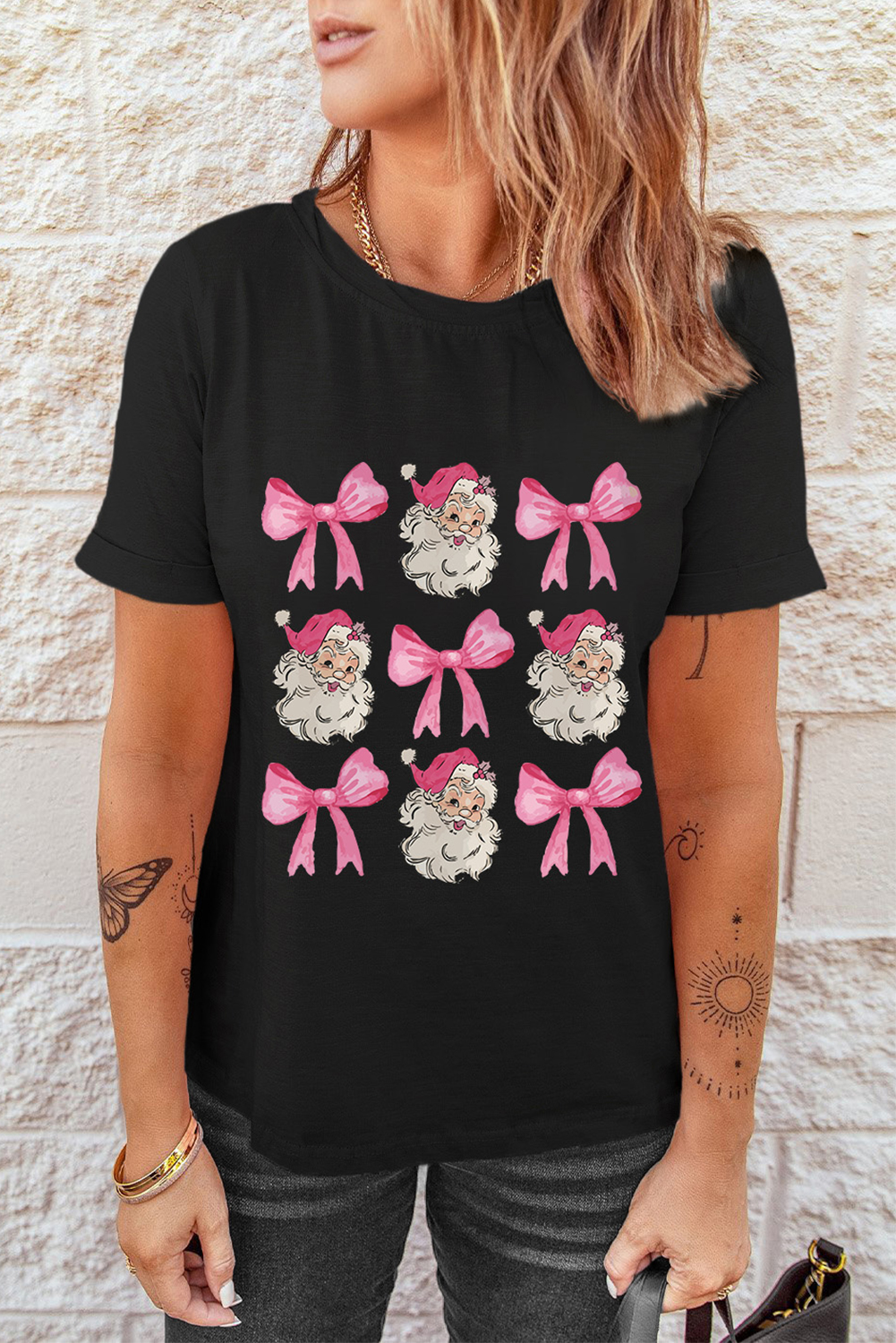 Black Santa Claus Bow Knot Christmas Graphic T Shirt - loveforevers