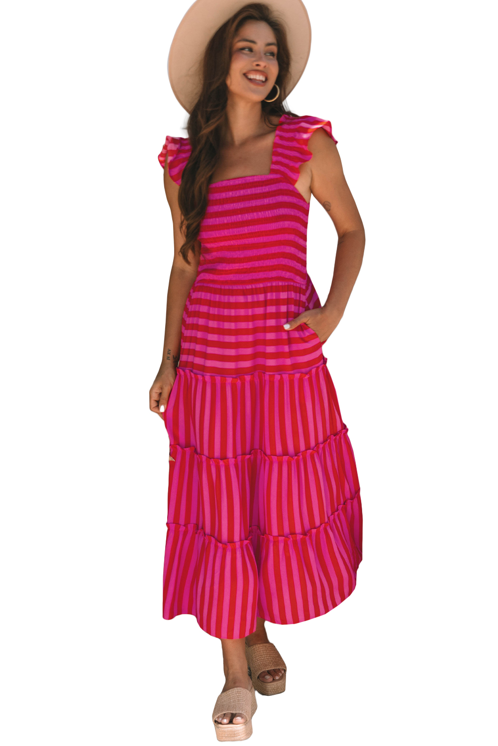 Rose Stripe Flutter Sleeve Smocked Bodice Tiered Maxi Dress - loveforevers