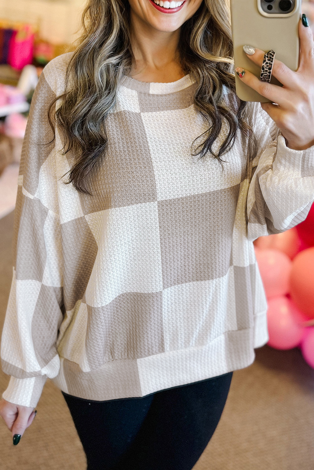 Khaki Checkered Print Breathable Textured Long Sleeve Top - loveforevers