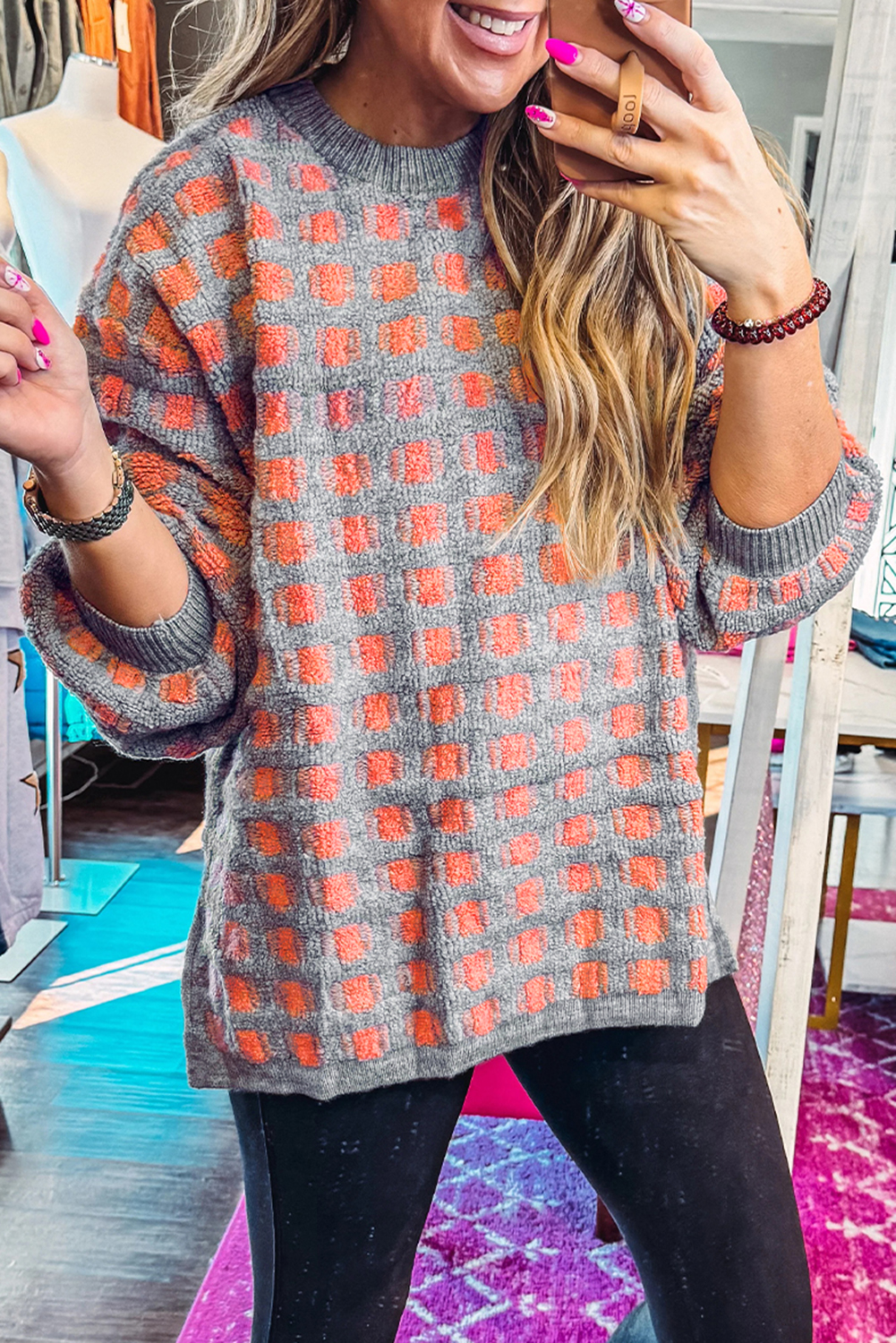 Pink Checkered Oversized Side Slit Sweater - loveforevers