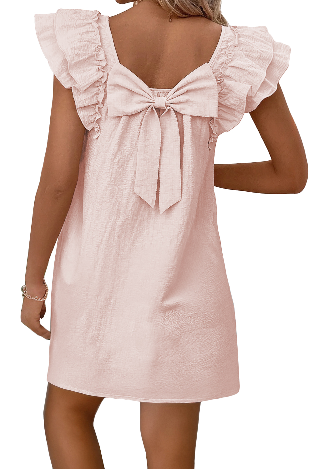 Beau Blue Textured Bow Knot Frilled Butterfly Sleeve Blouse - loveforevers