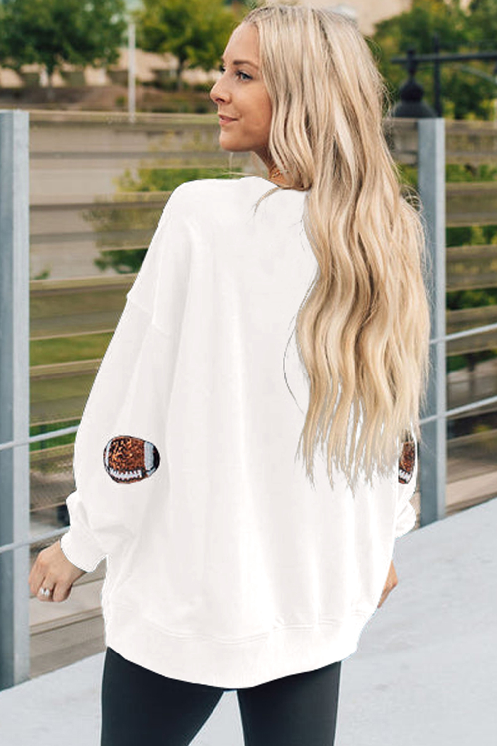 Beige Sequin Rugby Football Patched Pattern Crewneck Game Day Sweatshirt - loveforevers