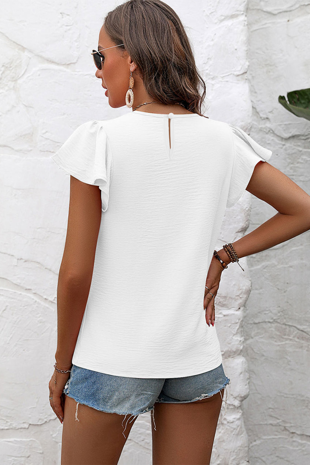 Black Flounce Sleeve Pleated Textured Blouse - loveforevers