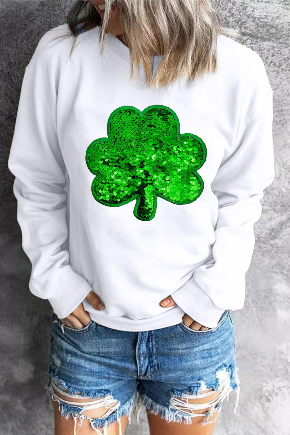 White Sequin Clover Embroidered Drop Shoulder Sweatshirt - loveforevers