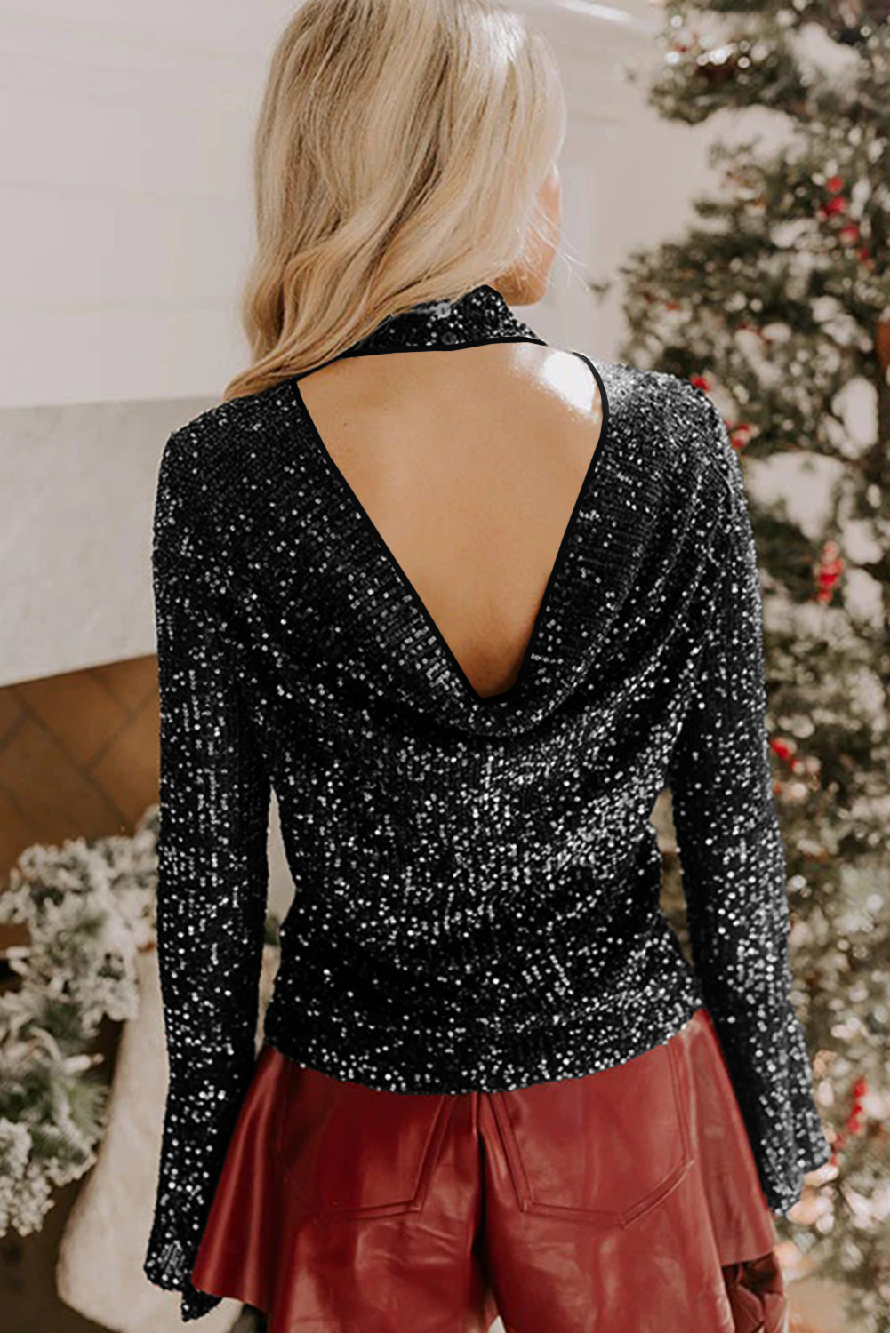 Jet Stream Sequin Mock Neck Drape Open Back Bell Sleeve Top - loveforevers