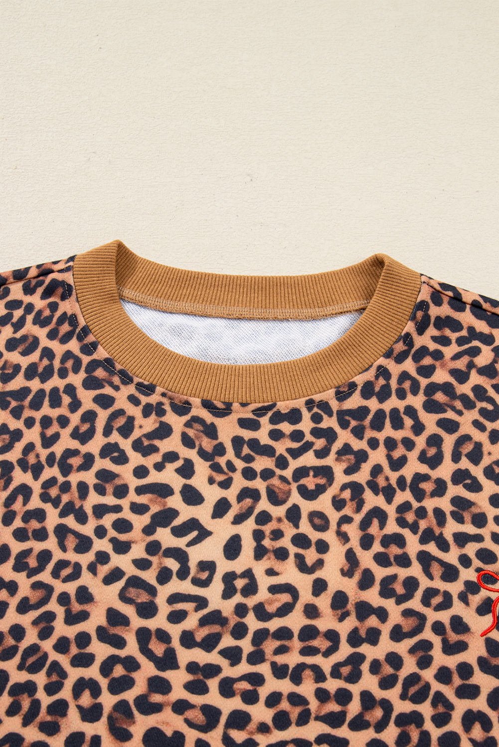 Khaki Leopard Pullover and Pants 2pcs Outfit with Bow Embroidery - loveforevers