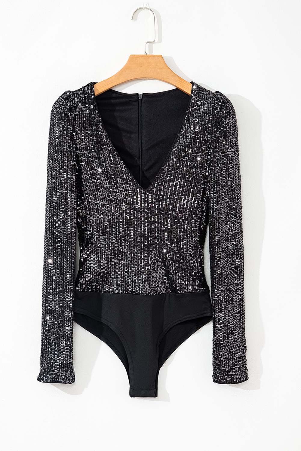 Black Sequin V Neck Zipped Long Sleeve Bodysuit - loveforevers