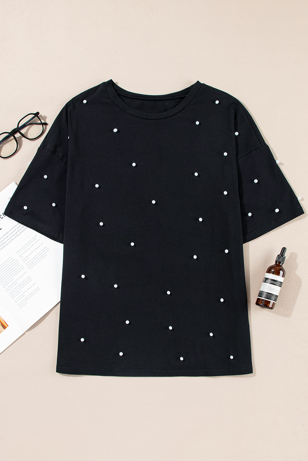 Black Pearl Beaded  Drop Shoulder Crewneck T Shirt - loveforevers