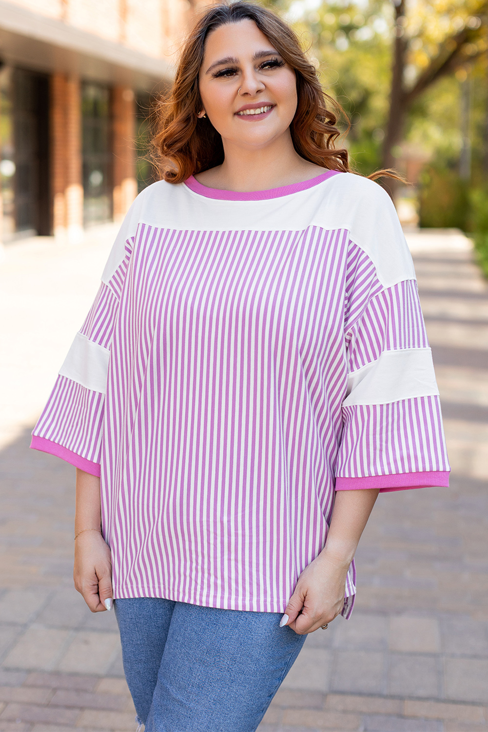 Pink Stripe Patchwork Bracelet Sleeve Plus Size T Shirt - loveforevers
