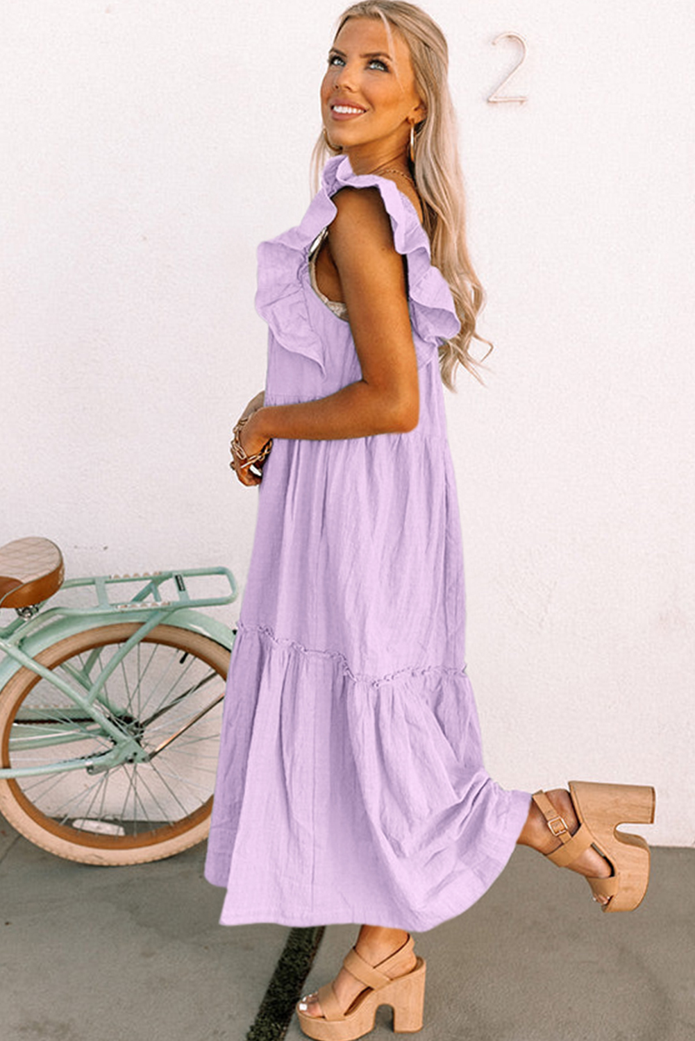 Sky Blue Ruffled Flutter Sleeve Square Neck Textured Tiered Maxi Dress - loveforevers