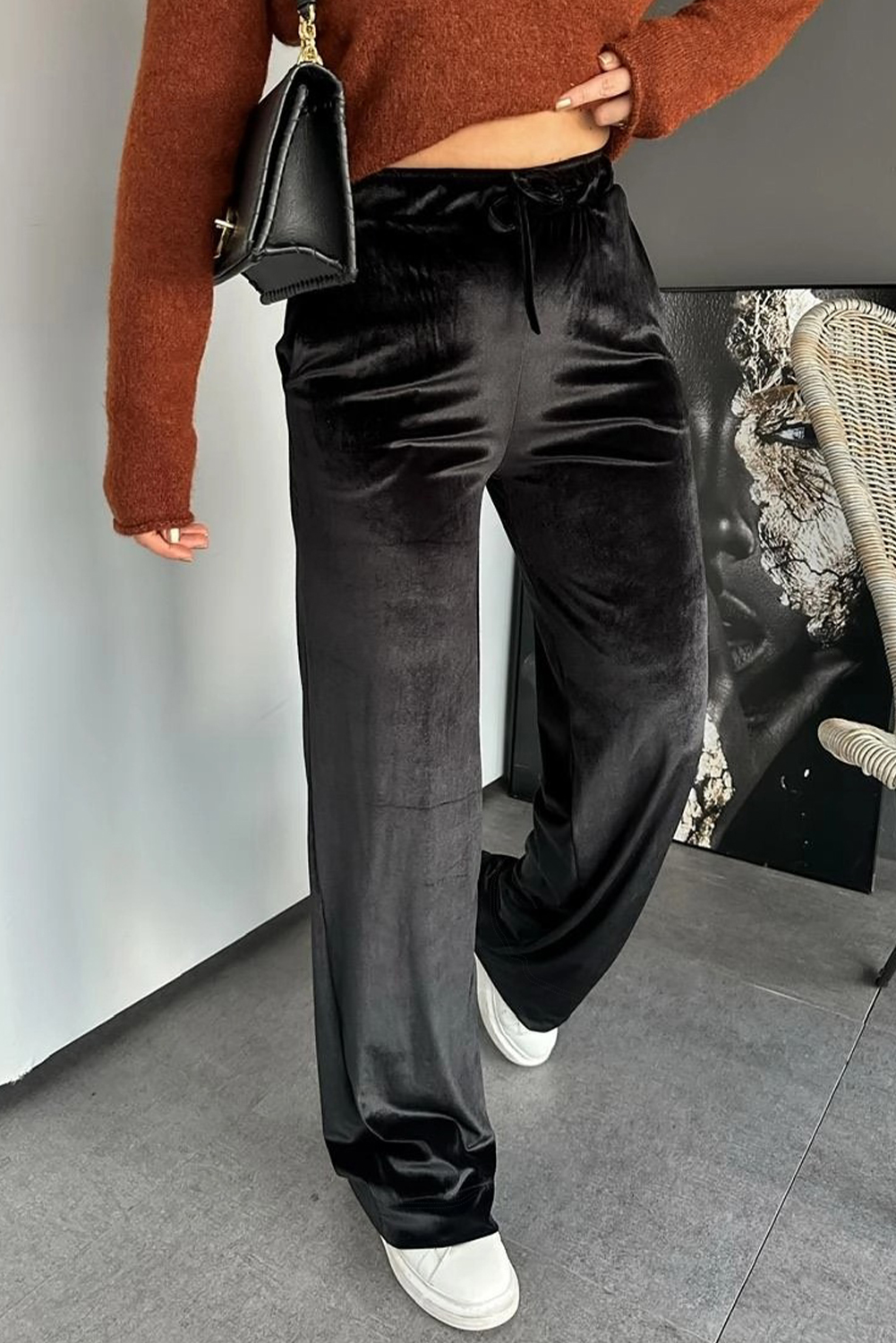 Black Shiny Velvet Drawstring High Waist Straight Leg Casual Pants - loveforevers