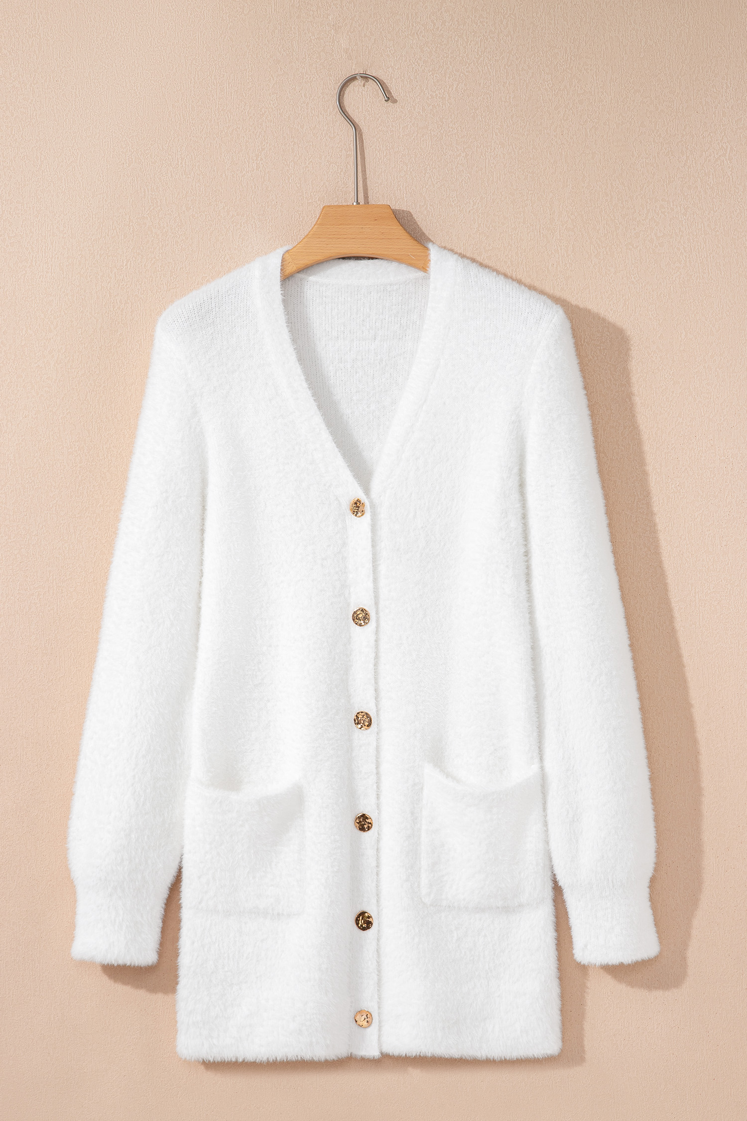 White Fuzzy Buttoned Front Midi Solid Cardigan - loveforevers