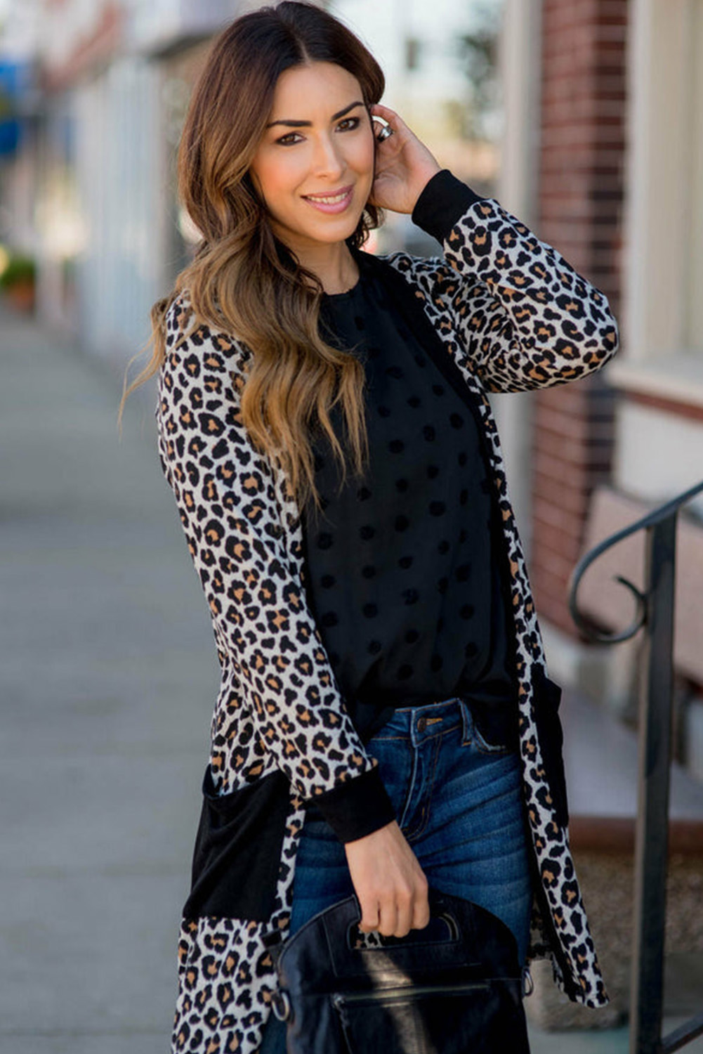 Black Leopard Patched Pocket Open Front Cardigan - loveforevers