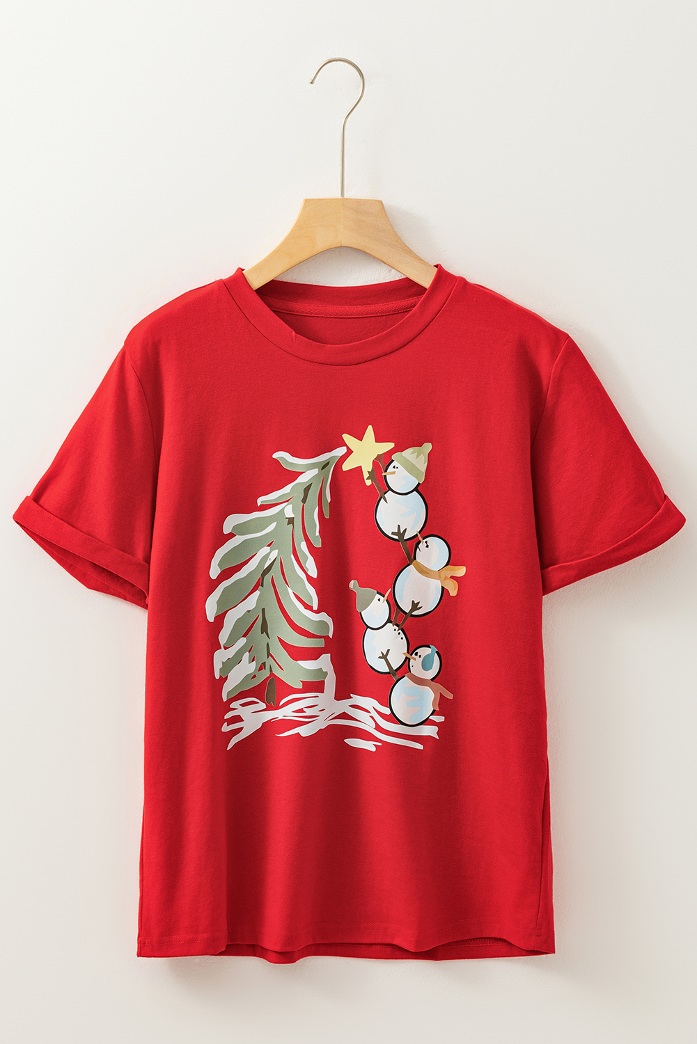Red Christmas Tree Snowman Printed Crewneck T Shirt - loveforevers