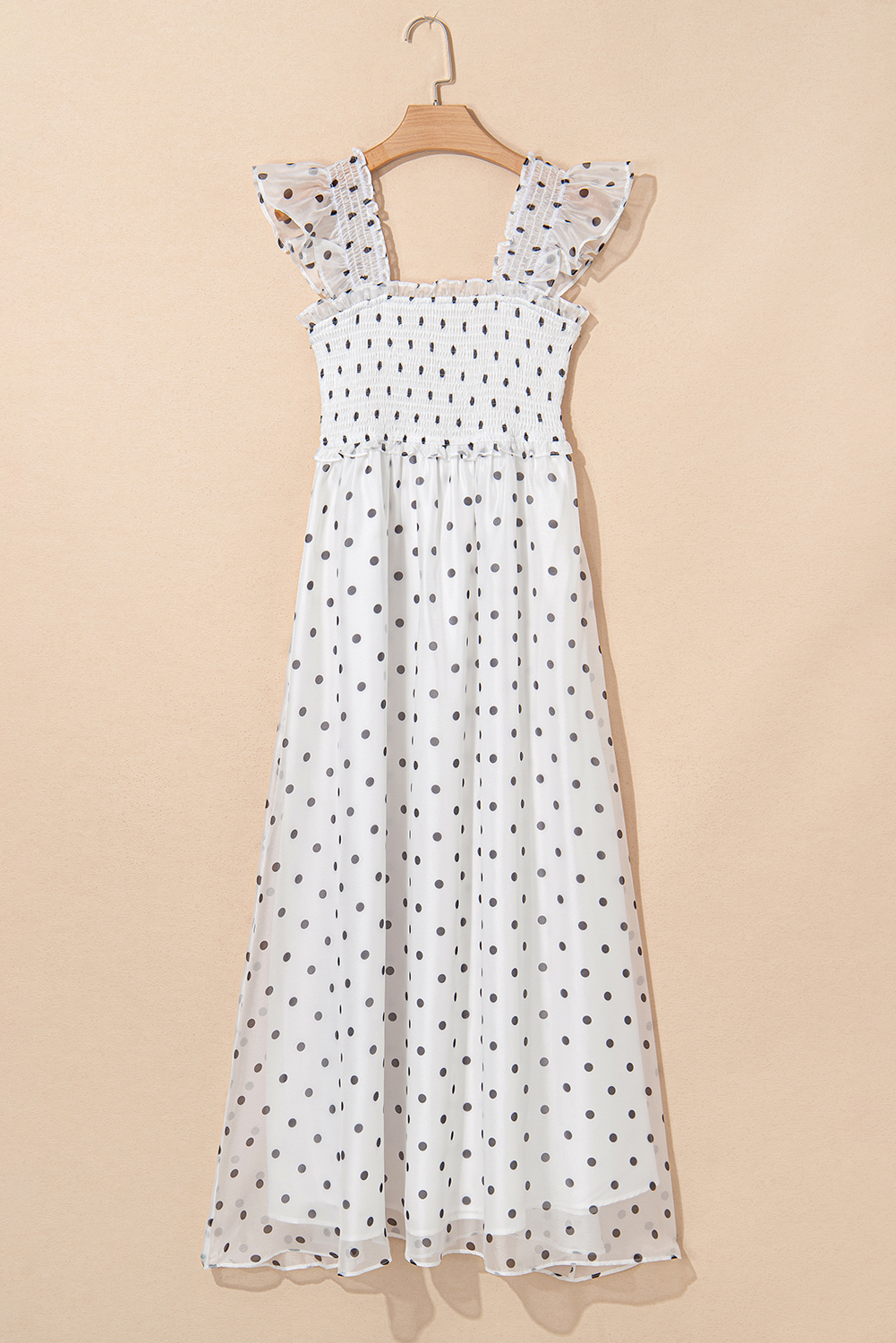 White Polka Dot Flutter Sleeve Square Neck Smocked Maxi Dress - loveforevers