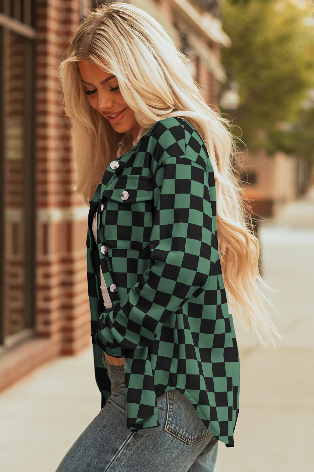 Khaki Checkerboard Flap Pocket Button Front Shacket - loveforevers