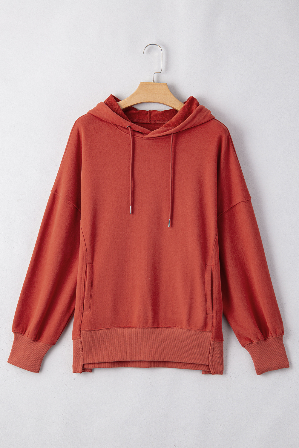 Red Clay Drop Shoulder Pocketed Baggy Drawstring Hoodie - loveforevers