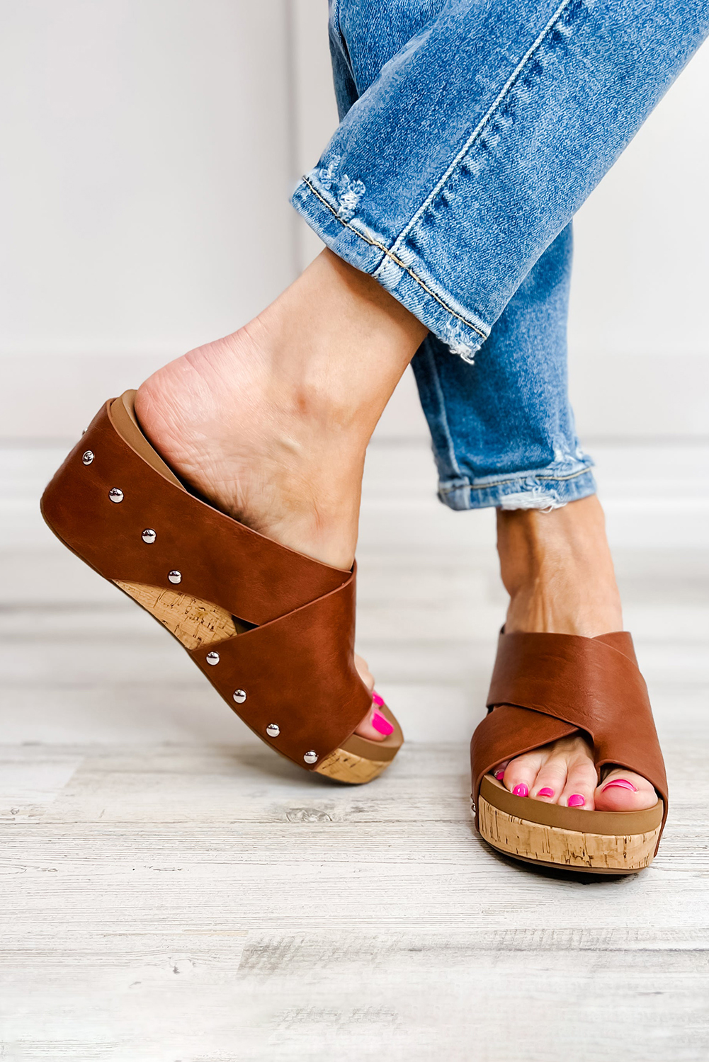 Chestnut Toe Ring Cross Cutout Studded Wedge Slippers - loveforevers