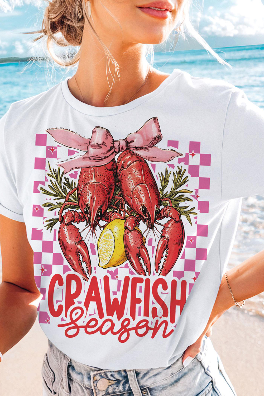 White Checkerboard Bow Crawfish Season Printed Crewneck T Shirt - loveforevers