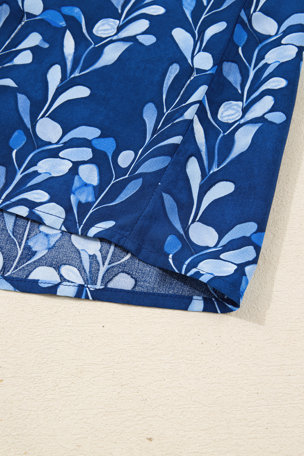 Blue Botanical Print Bracelet Sleeve Notched Neck Blouse - loveforevers