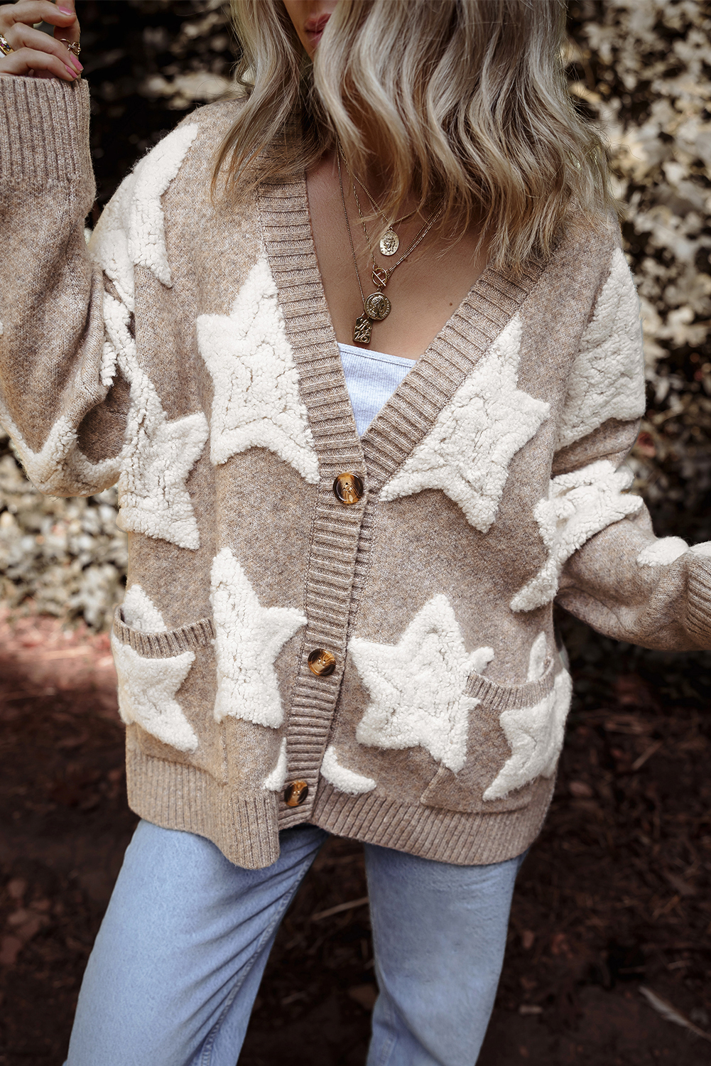 Khaki Sherpa Star Pattern Textured Sweater Cardigan with Pockets - loveforevers