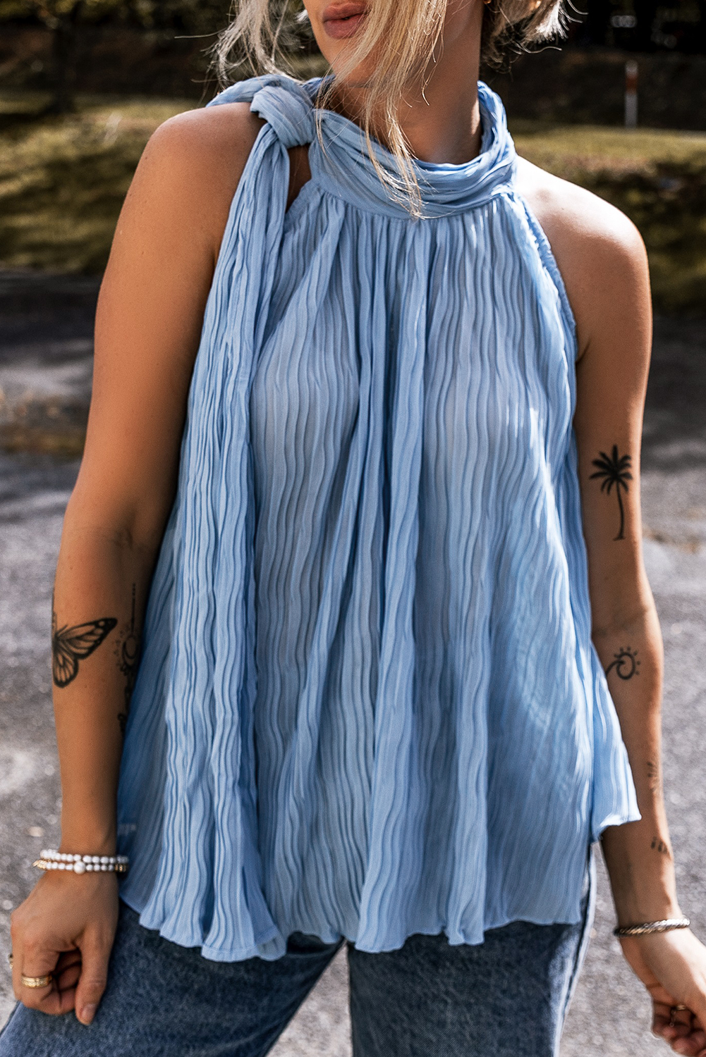 Myosotis Textured Pleated Tied Mock Neck  Flowy Tank Top - loveforevers