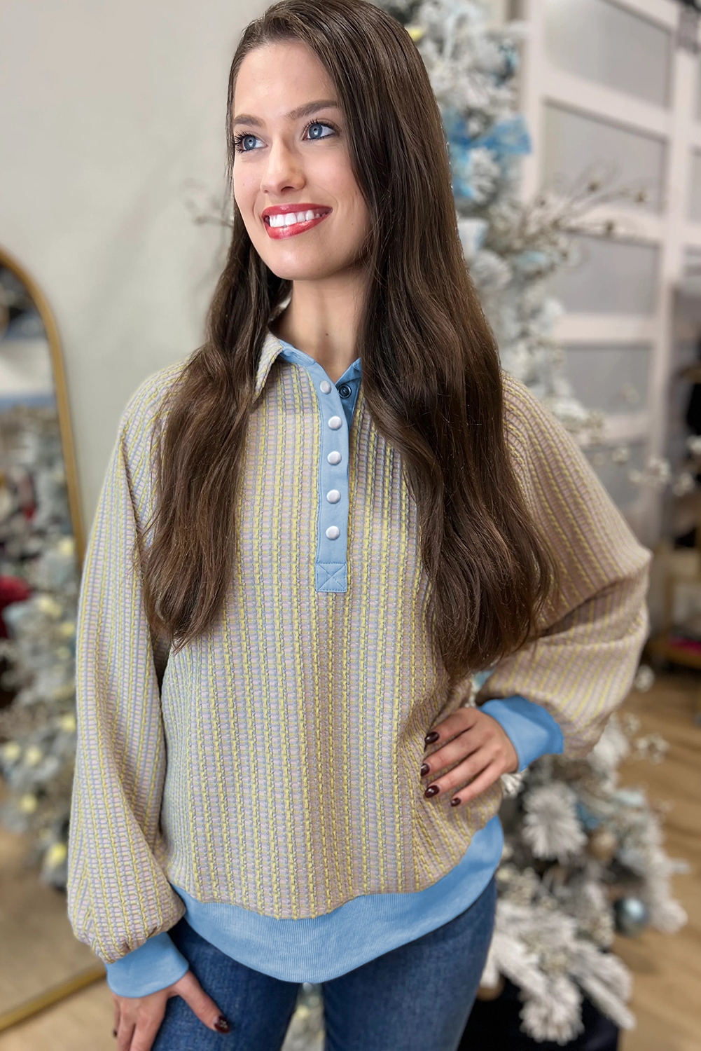 Beau Blue Button Front Jacquard Henley Sweatshirt - loveforevers