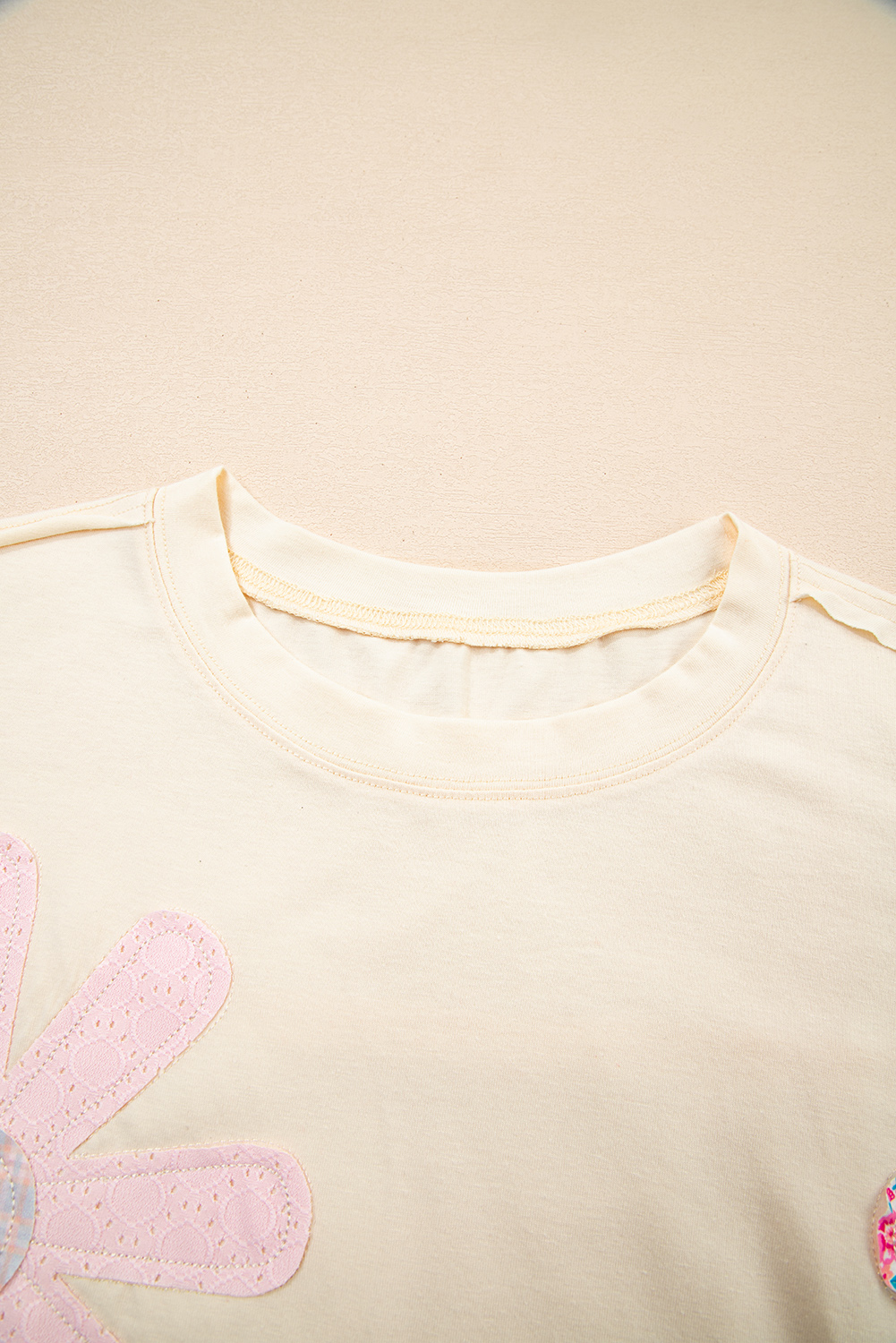 Apricot Flower Patched Exposed Stitching Trim Crew Neck Loose Tee - loveforevers