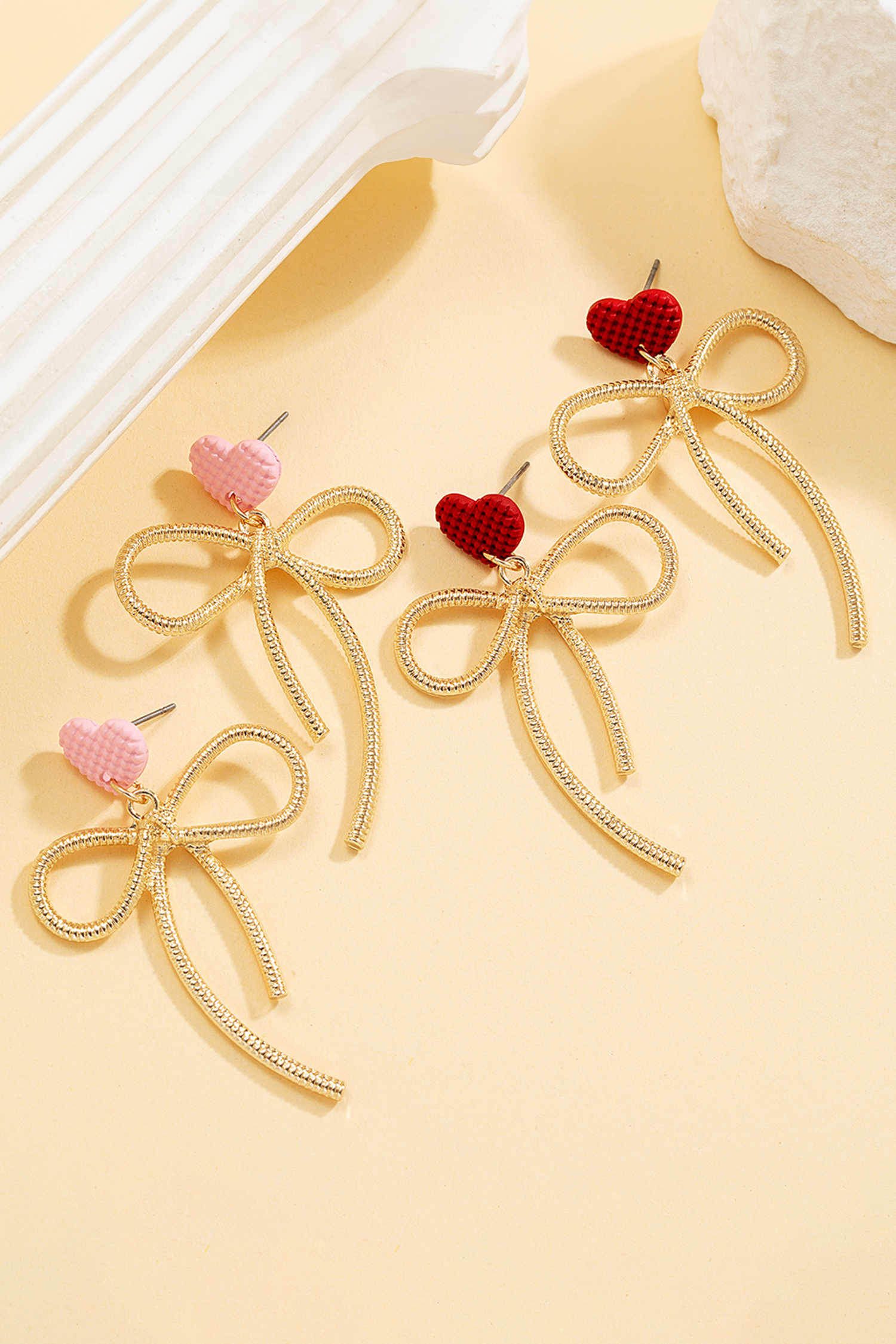 Pink Waffled Heart Stud Gold Plated Bow Dangle Earrings - loveforevers