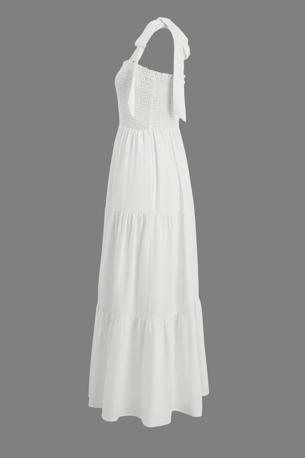 White Customizable Knot Straps Smocked Bodice Tiered Blank Maxi Dress - loveforevers