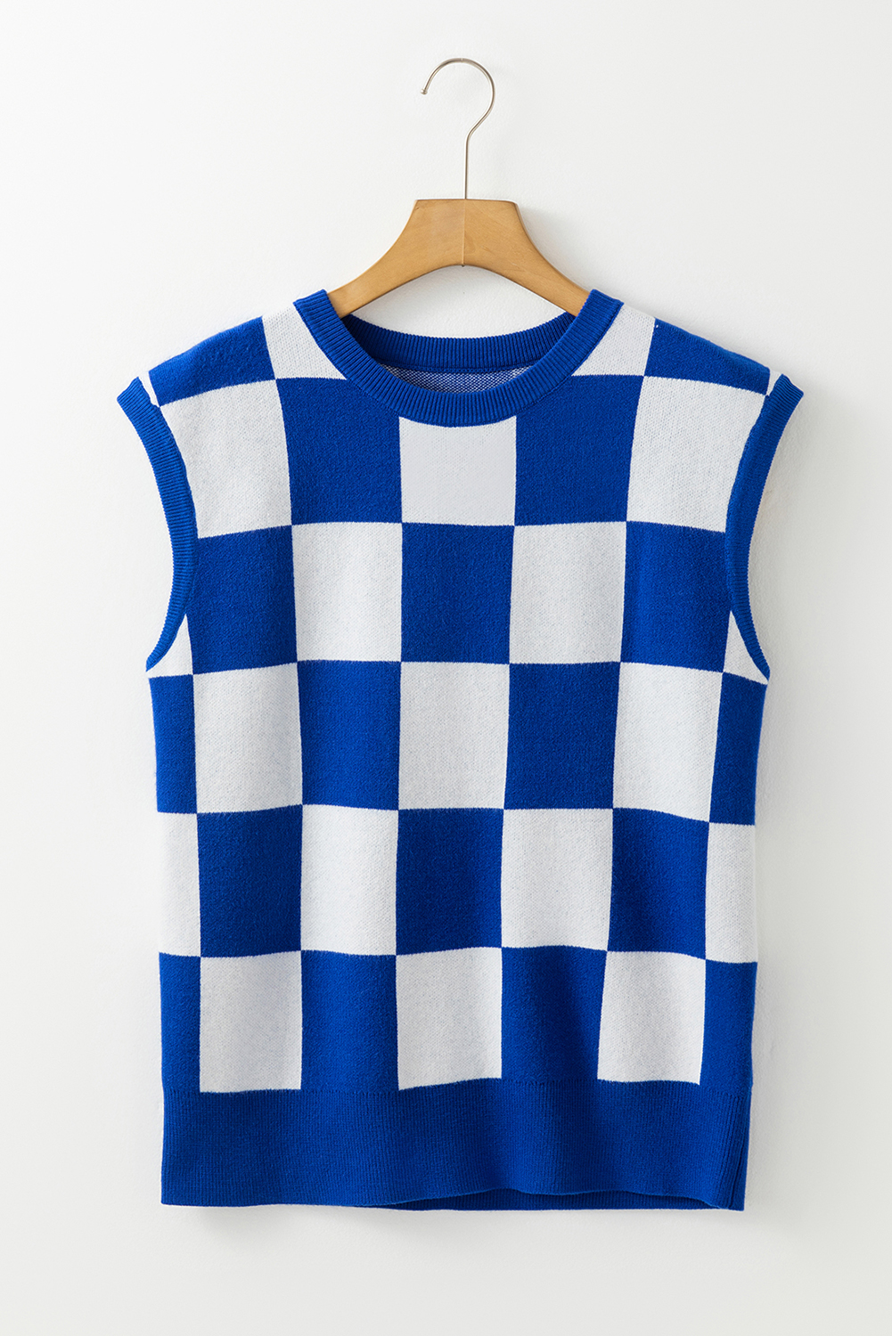Dark Blue Cherckerboard Round Neck Sweater Vest - loveforevers