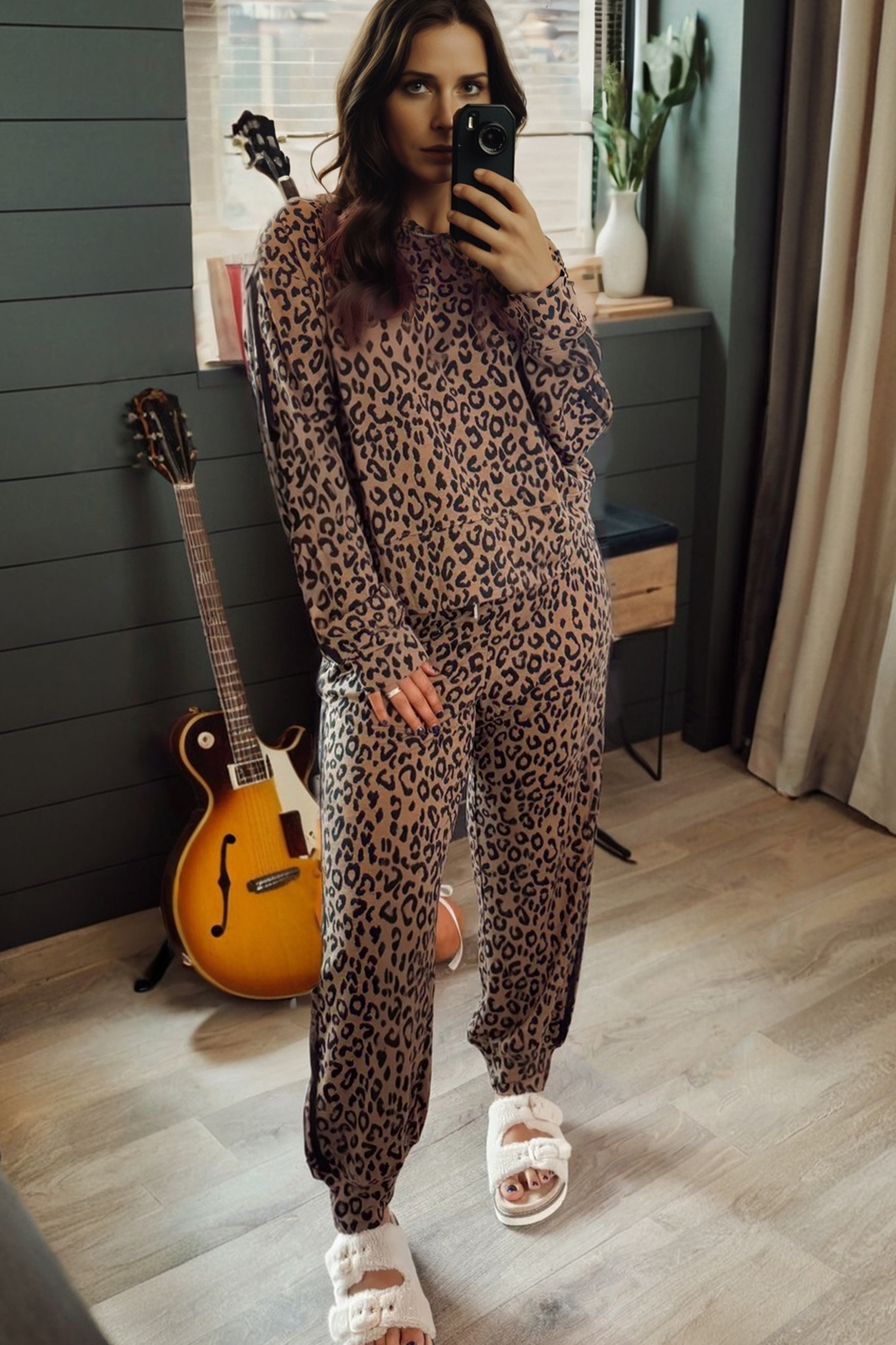 Brown Varsity Striped Trim Leopard Long Sleeve Top Drawstring Pant Set - loveforevers