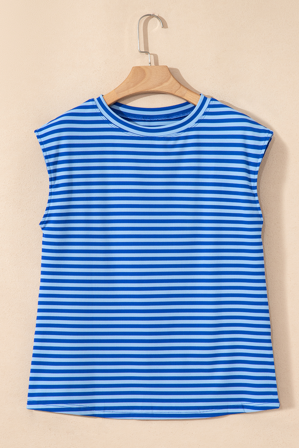 Sky Blue Stripe Ribbed Cap Sleeve Round Neck T Shirt - loveforevers