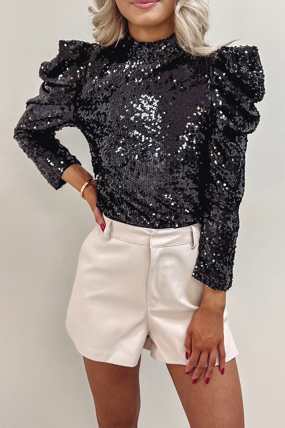 Burgundy Sequin Mock Neck Bubble Sleeve Top - loveforevers