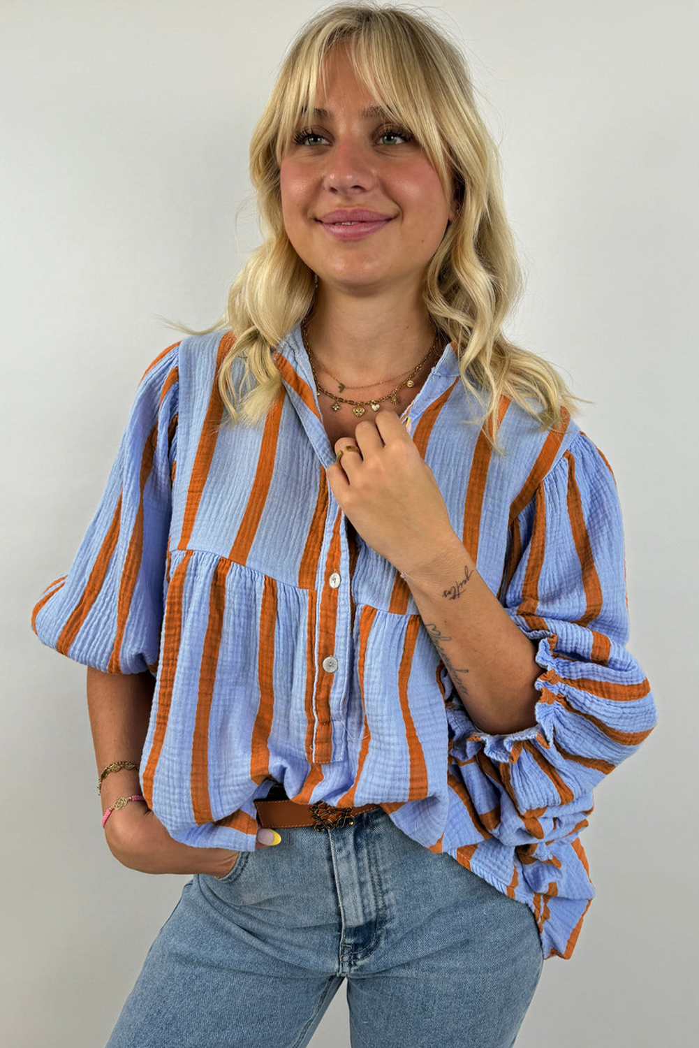 Sky Blue Stripe Crinckled Ruffled Sleeve Button up Loose Shirt - loveforevers