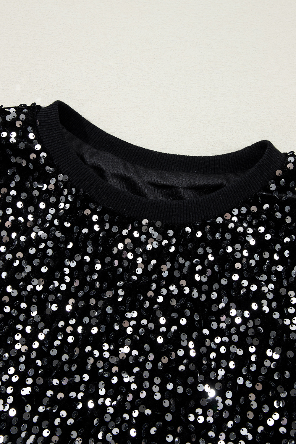 Black Sequined Long Sleeve Crew Neck Cropped Blouse - loveforevers