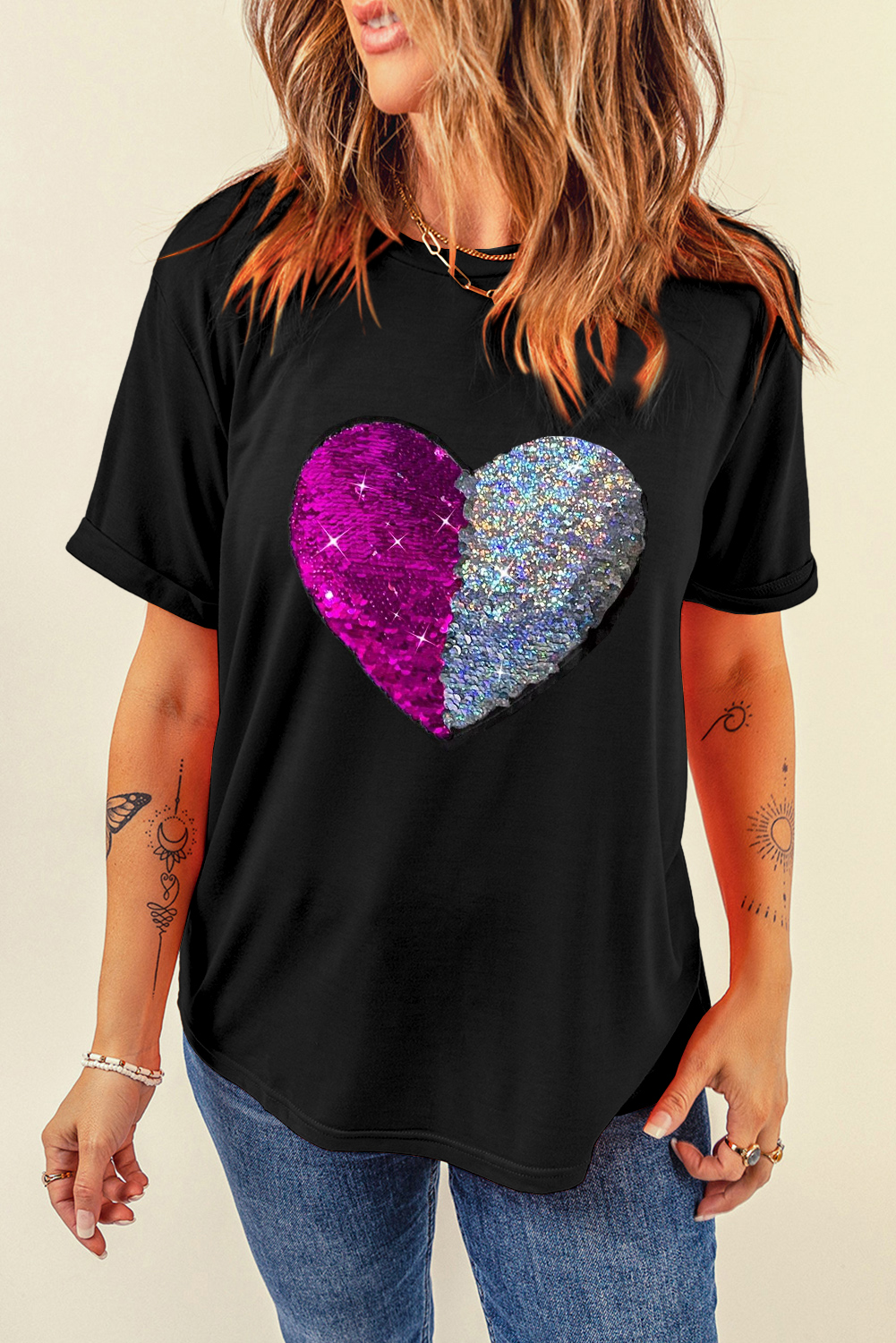 Red Leopard Striped Heart Shaped Print Crew Neck T Shirt - loveforevers