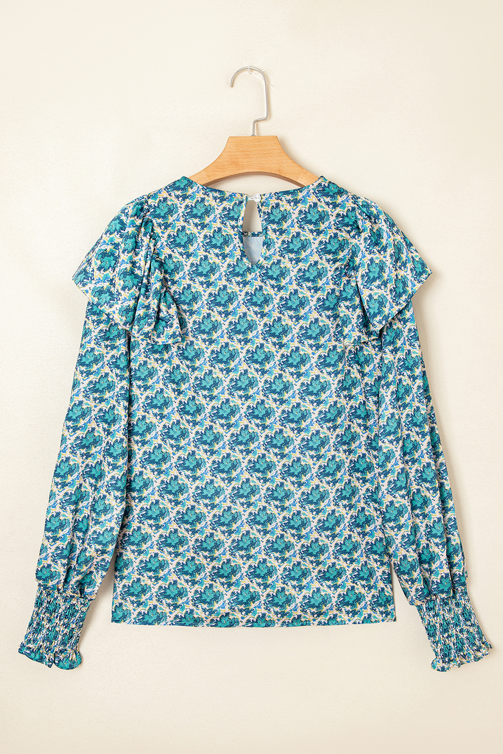 Green Abstract Print Shirred Cuff Puff Sleeve Blouse - loveforevers