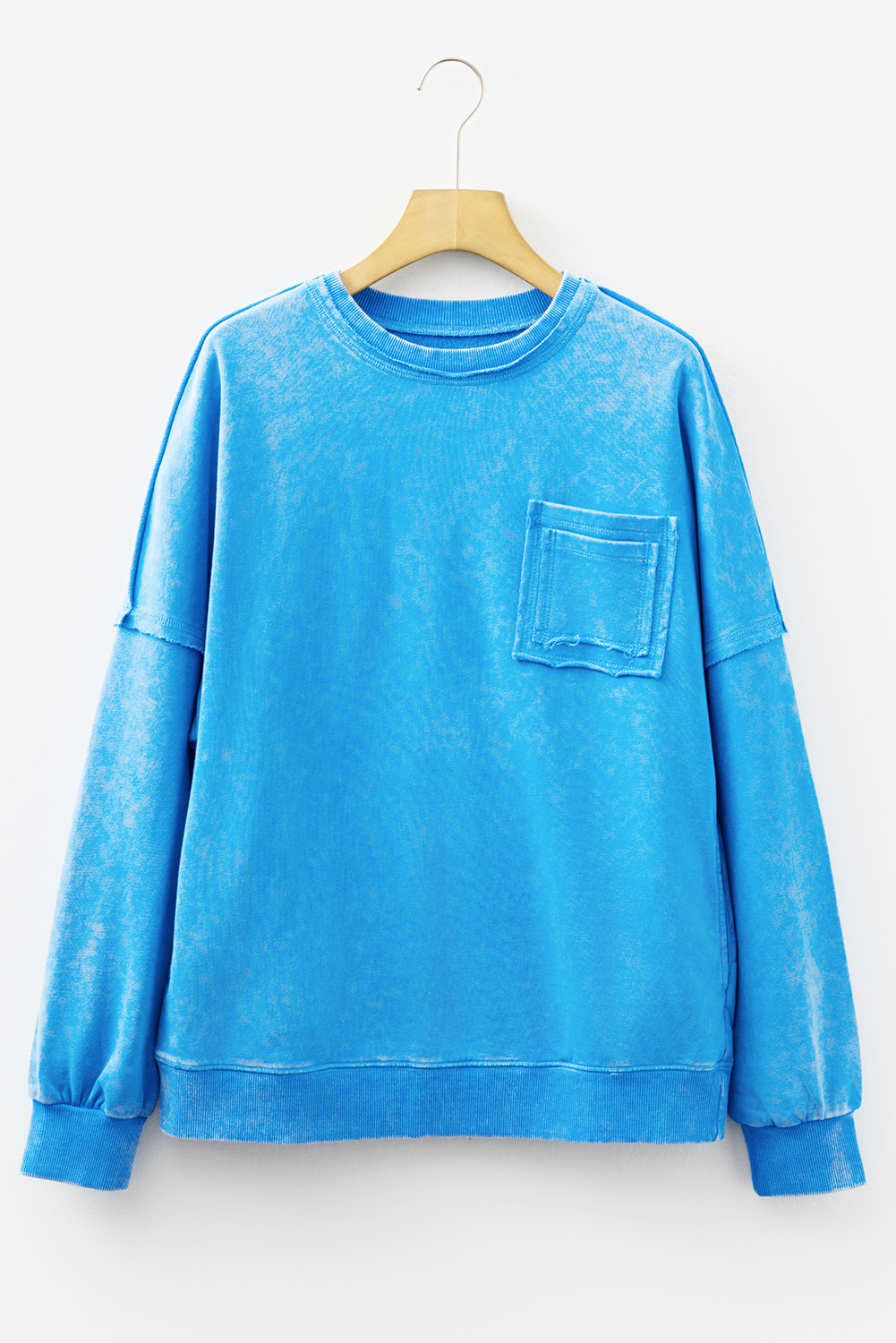 Blue Mineral Wash Raw Seam Double Patched Pocket Pullover Sweatshirt - loveforevers